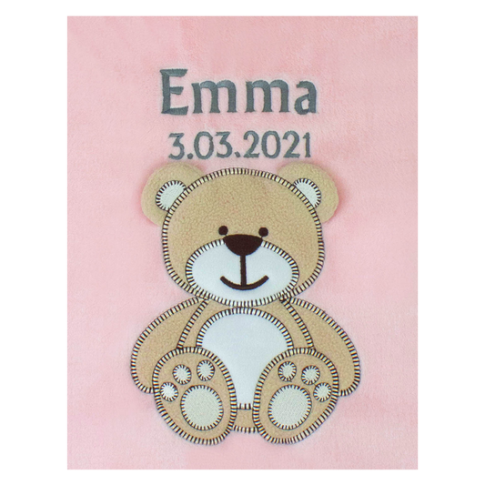 Decke Rosa Mit Bär | Babydecke Bestickt mit Namen und Geburtsdatum