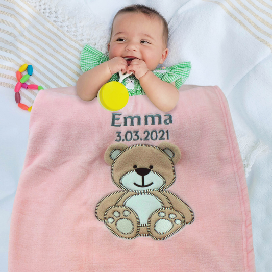 Decke Rosa Mit Bär | Babydecke Bestickt mit Namen und Geburtsdatum
