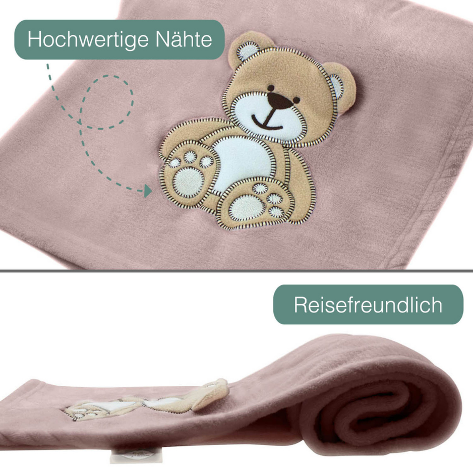 Decke Altrosa Mit Bär | Babydecke Bestickt