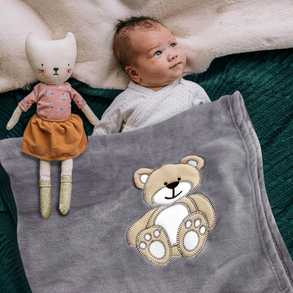 Decke Altrosa Mit Bär | Babydecke Bestickt