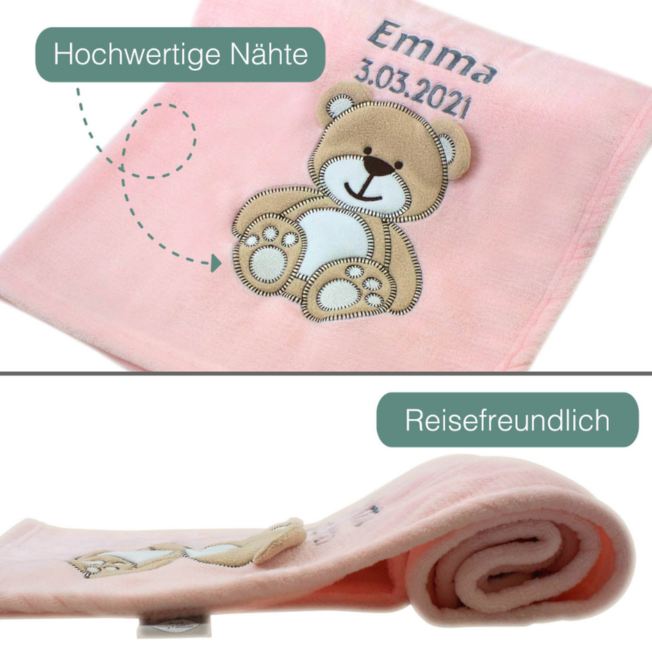 Decke Rosa Mit Bär | Babydecke Bestickt mit Namen und Geburtsdatum