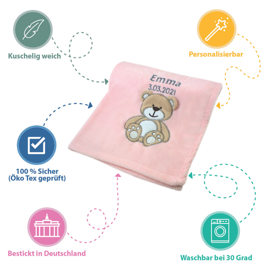Decke Rosa Mit Bär | Babydecke Bestickt mit Namen und Geburtsdatum