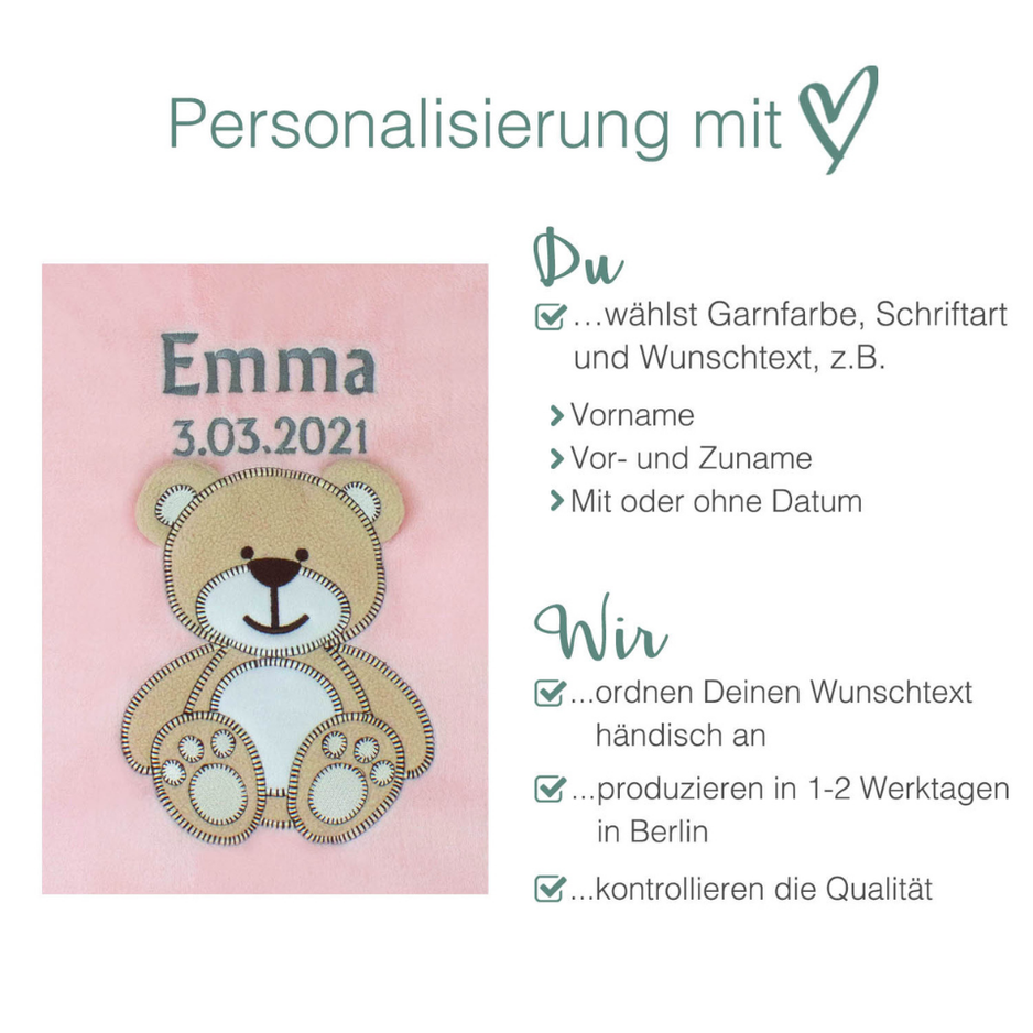 Decke Rosa Mit Bär | Babydecke Bestickt mit Namen und Geburtsdatum