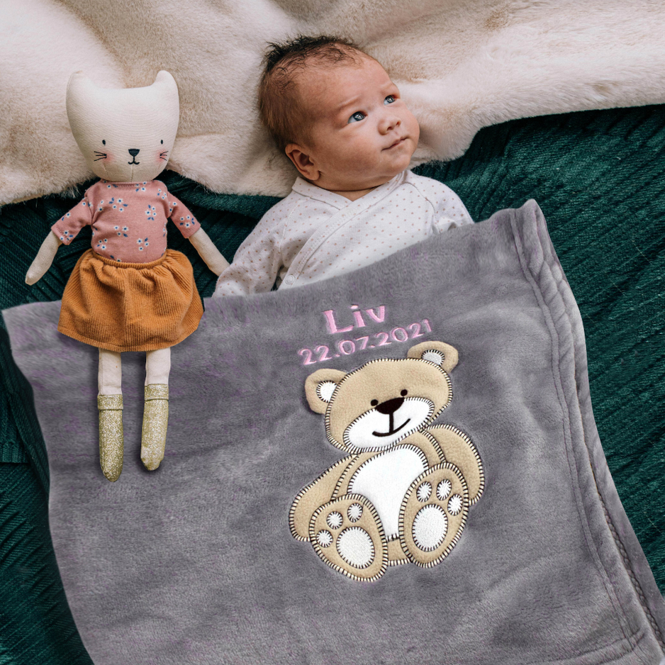 Decke Rosa Mit Bär | Babydecke Bestickt mit Namen und Geburtsdatum