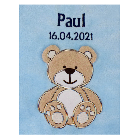 Decke Blau Mit Bär | Babydecke Bestickt mit Namen und Geburtsdatum