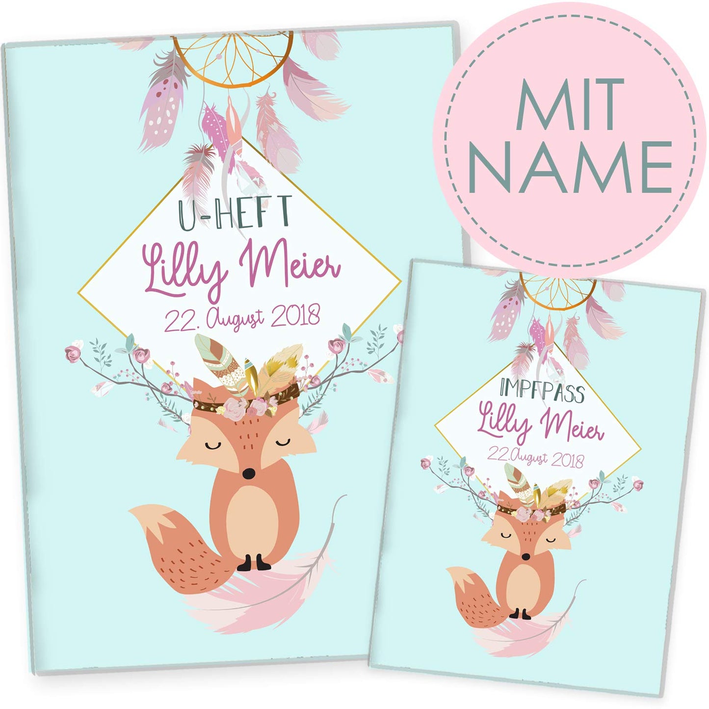 Boho Fuchs Blau U-Heft und Impfpasshülle Mit Personalisierung