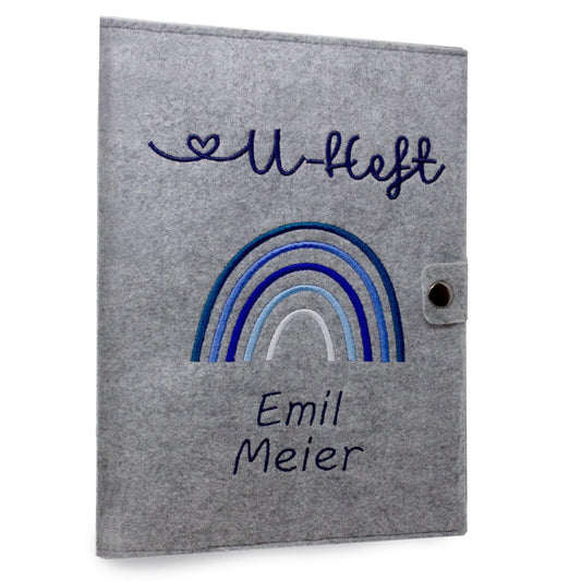 Regenbogen Blau U-Heft und Impfpasshülle aus Filz Mit Personalisierung