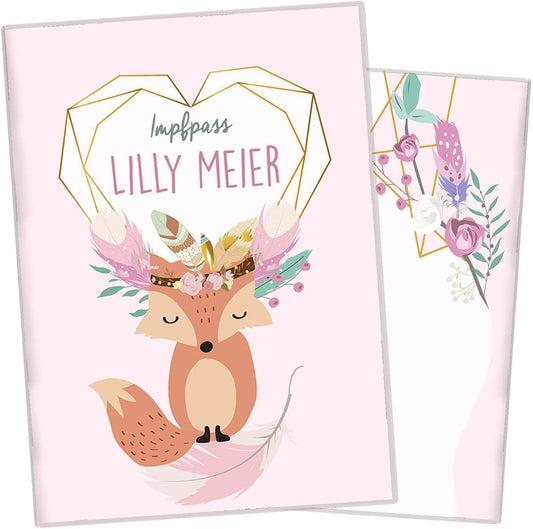 Boho Fuchs Rosa Personalisierbare Impfpasshülle für Erwachsene und Kinder