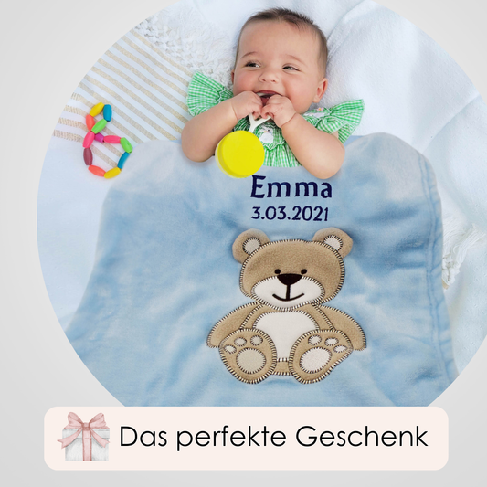 Decke Blau Mit Bär | Babydecke Bestickt mit Namen und Geburtsdatum