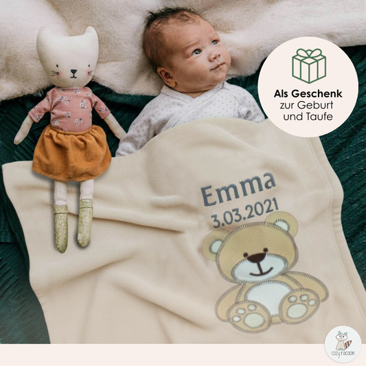 Decke Vanille Mit Bär | Babydecke Bestickt mit Namen und Geburtsdatum
