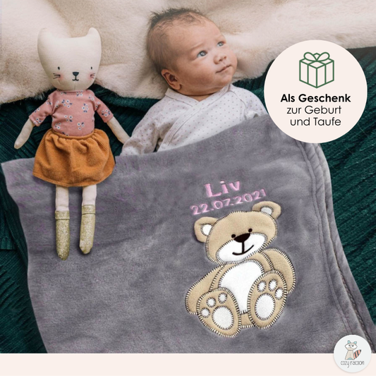 Decke Grau Mit Bär | Babydecke Bestickt mit Namen und Geburtsdatum