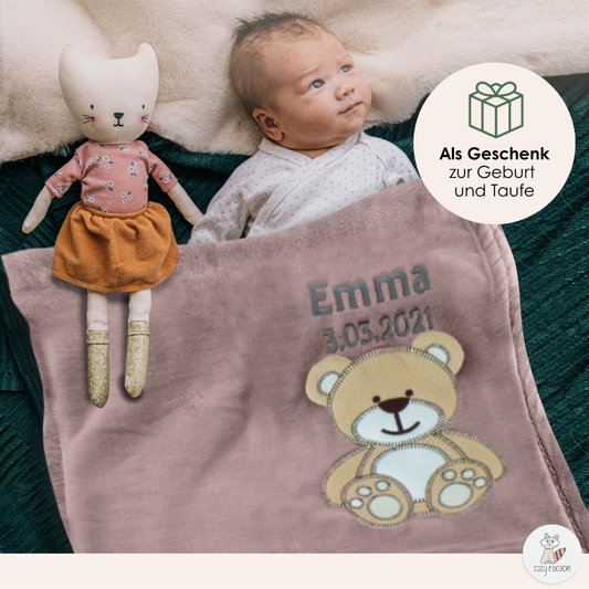 Decke Altrosa Mit Bär | Babydecke Bestickt mit Namen und Geburtsdatum