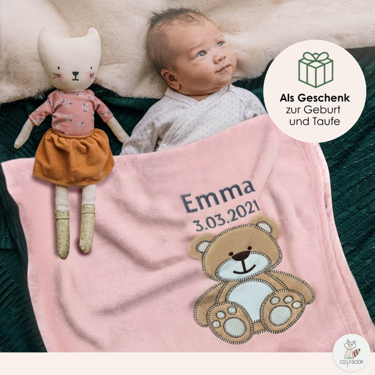 Decke Rosa Mit Bär | Babydecke Bestickt mit Namen und Geburtsdatum