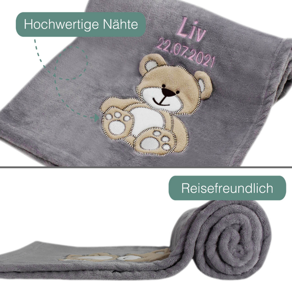 Decke Grau Mit Bär | Babydecke Bestickt mit Namen und Geburtsdatum