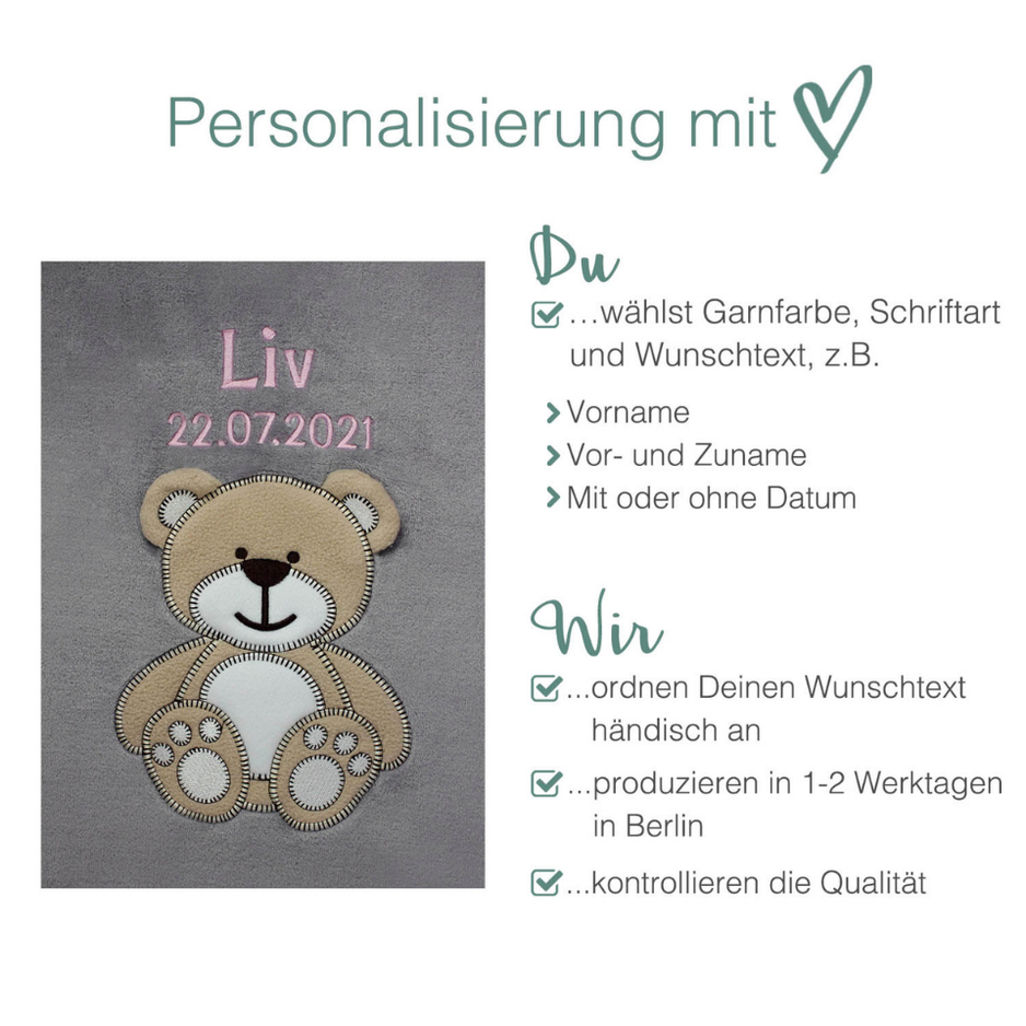 Decke Grau Mit Bär | Babydecke Bestickt mit Namen und Geburtsdatum