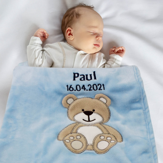 Decke Blau Mit Bär | Babydecke Bestickt mit Namen und Geburtsdatum
