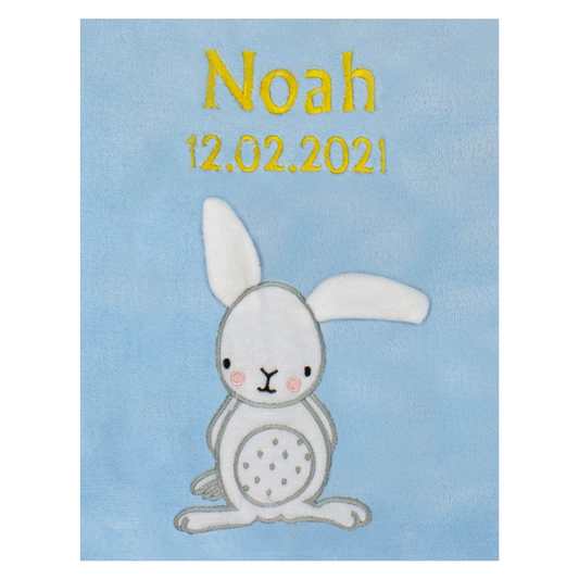 Decke Blau Mit Hase | Babydecke Bestickt mit Namen und Geburtsdatum