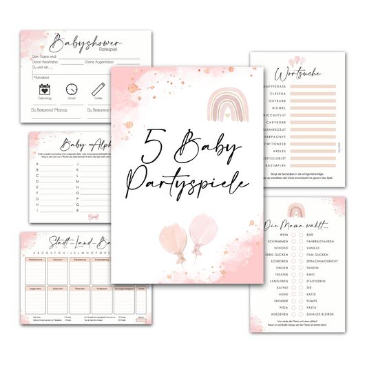 Rosa | 5 Babyparty Spiele für 12 Spieler - Babyparty Geschenk, Karten zum Ausfüllen Partyspiele Babyshower