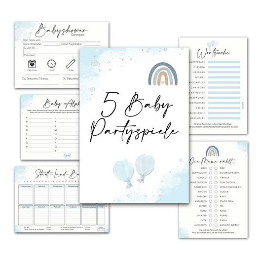 Blau | 5 Babyparty Spiele für 12 Spieler - Babyparty Geschenk, Karten zum Ausfüllen Partyspiele Babyshower