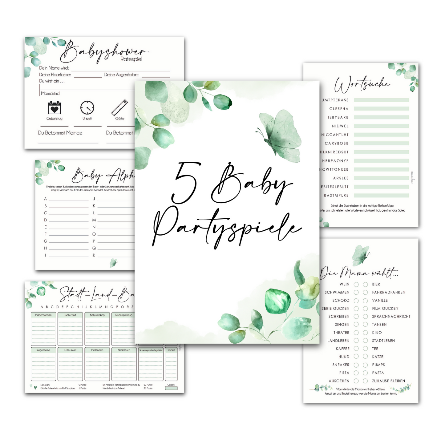 Eukalyptus | 5 Babyparty Spiele für 12 Spieler - Babyparty Geschenk, Karten zum Ausfüllen Partyspiele Babyshower