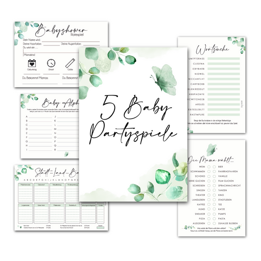 Eukalyptus | 5 Babyparty Spiele für 12 Spieler - Babyparty Geschenk, Karten zum Ausfüllen Partyspiele Babyshower