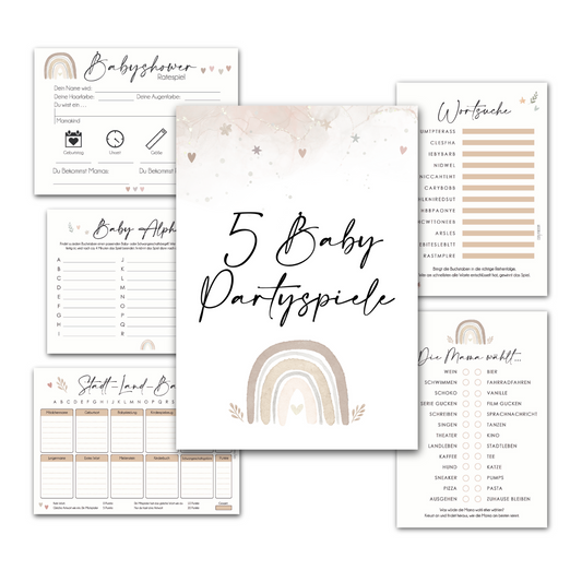 Glamour | 5 Babyparty Spiele für 12 Spieler - Babyparty Geschenk, Karten zum Ausfüllen Partyspiele Babyshower