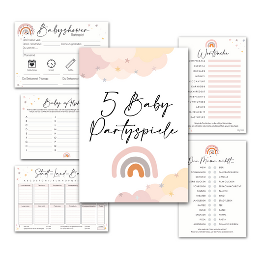 Wolken | 5 Babyparty Spiele für 12 Spieler - Babyparty Geschenk, Karten zum Ausfüllen Partyspiele Babyshower