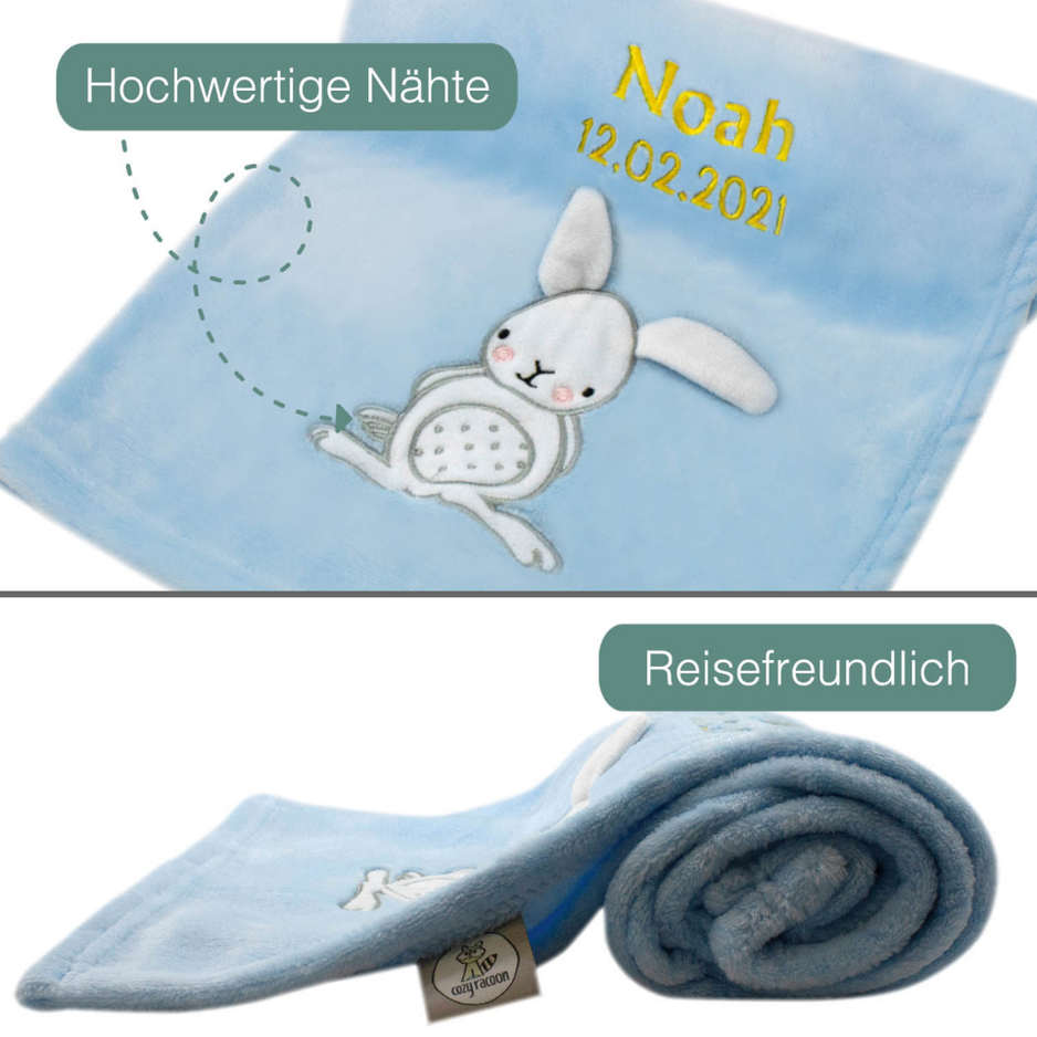 Decke Blau Mit Hase | Babydecke Bestickt mit Namen und Geburtsdatum
