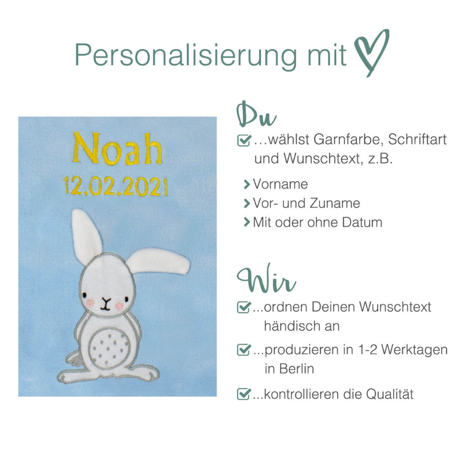 Decke Blau Mit Hase | Babydecke Bestickt mit Namen und Geburtsdatum