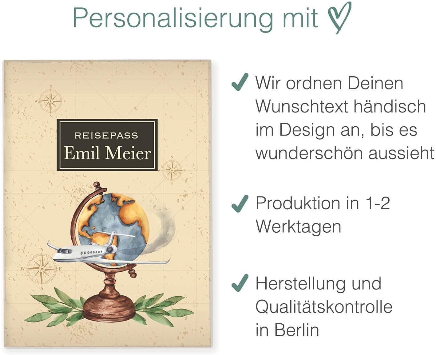 Globus Klassik Reisepasshülle für Erwachsene und Kinder Mit Namen