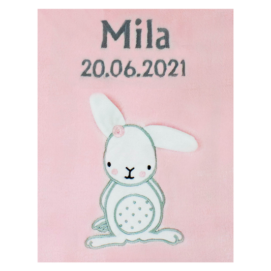 Decke Rosa Mit Hase | Babydecke Bestickt mit Namen und Geburtsdatum
