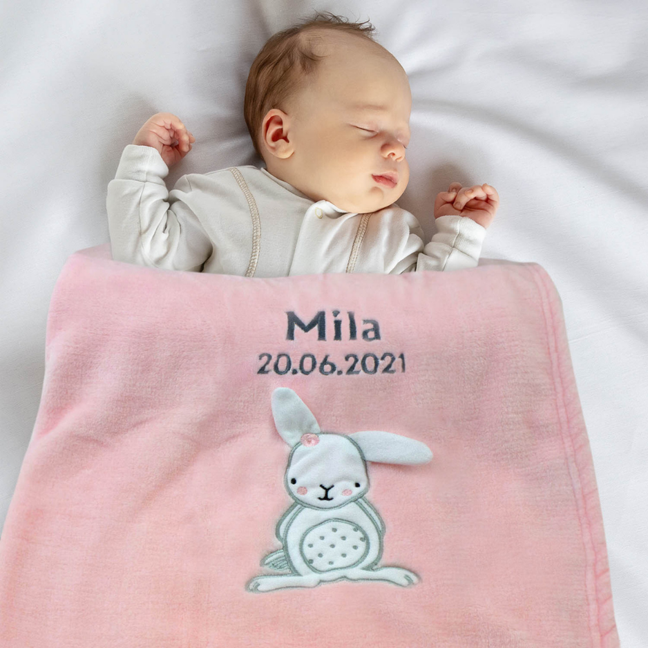 Decke Rosa Mit Hase | Babydecke Bestickt mit Namen und Geburtsdatum