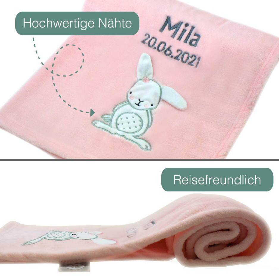 Decke Rosa Mit Hase | Babydecke Bestickt mit Namen und Geburtsdatum