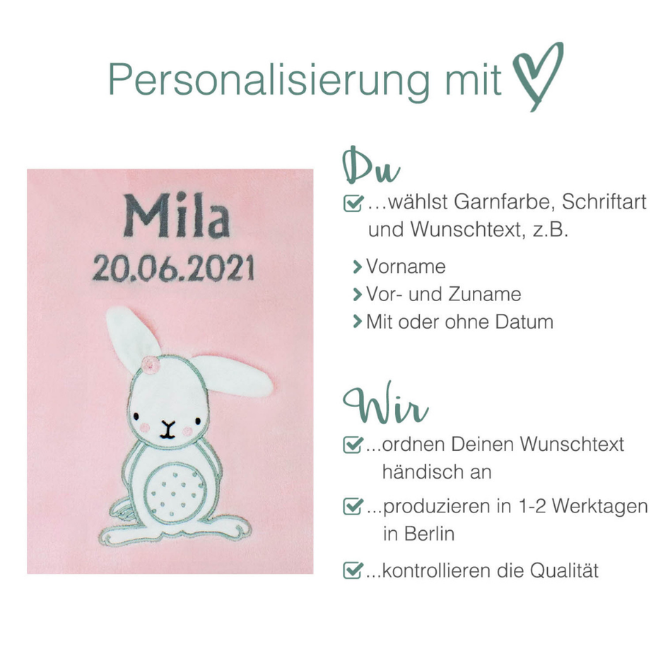Decke Rosa Mit Hase | Babydecke Bestickt mit Namen und Geburtsdatum