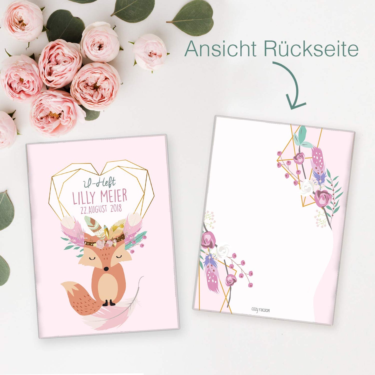 Boho Fuchs Rosa U-Heft und Impfpasshülle Mit Personalisierung