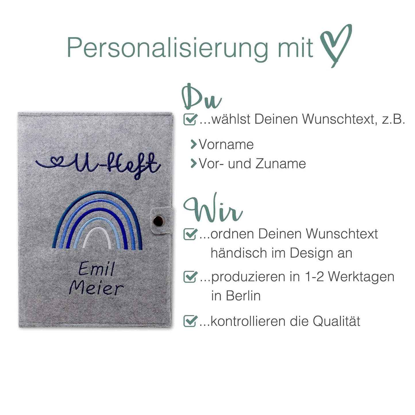 Regenbogen Blau U-Heft und Impfpasshülle aus Filz Mit Personalisierung