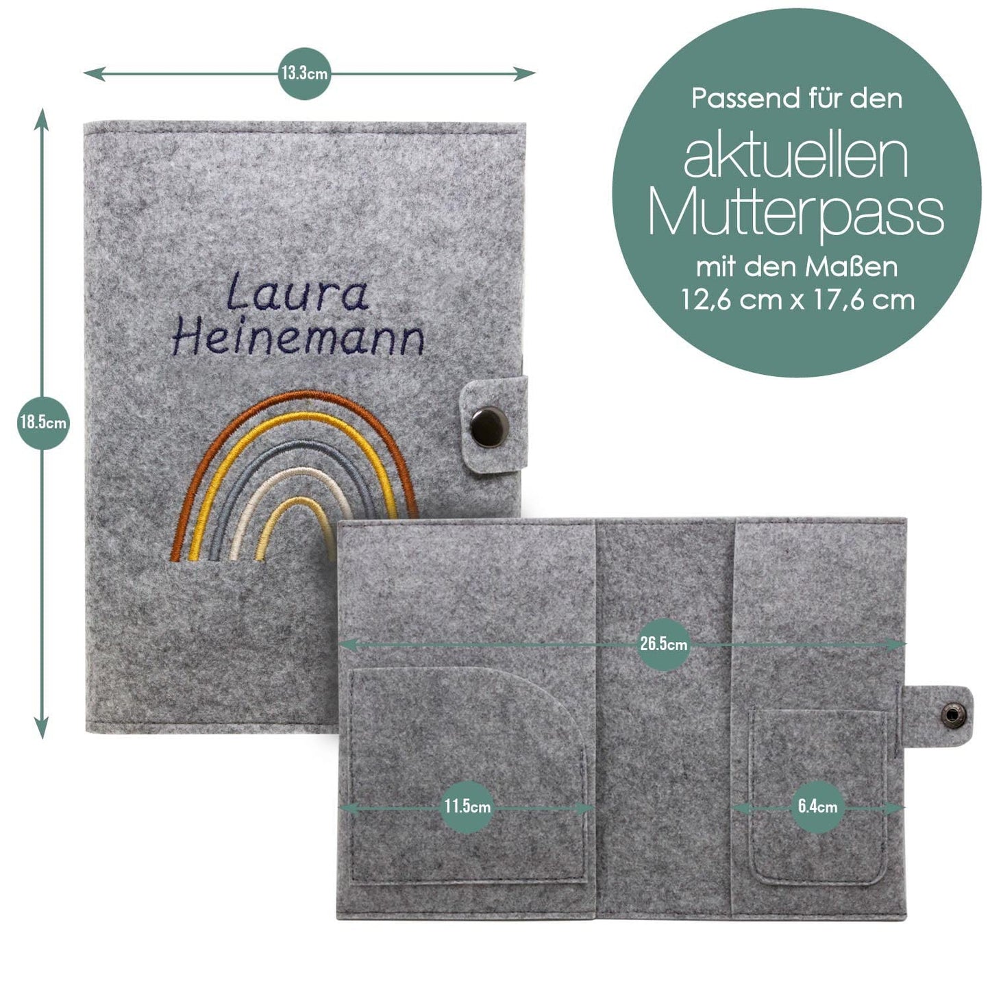 Regenbogen Natural Mutterpasshülle aus Filz Mit Personalisierung