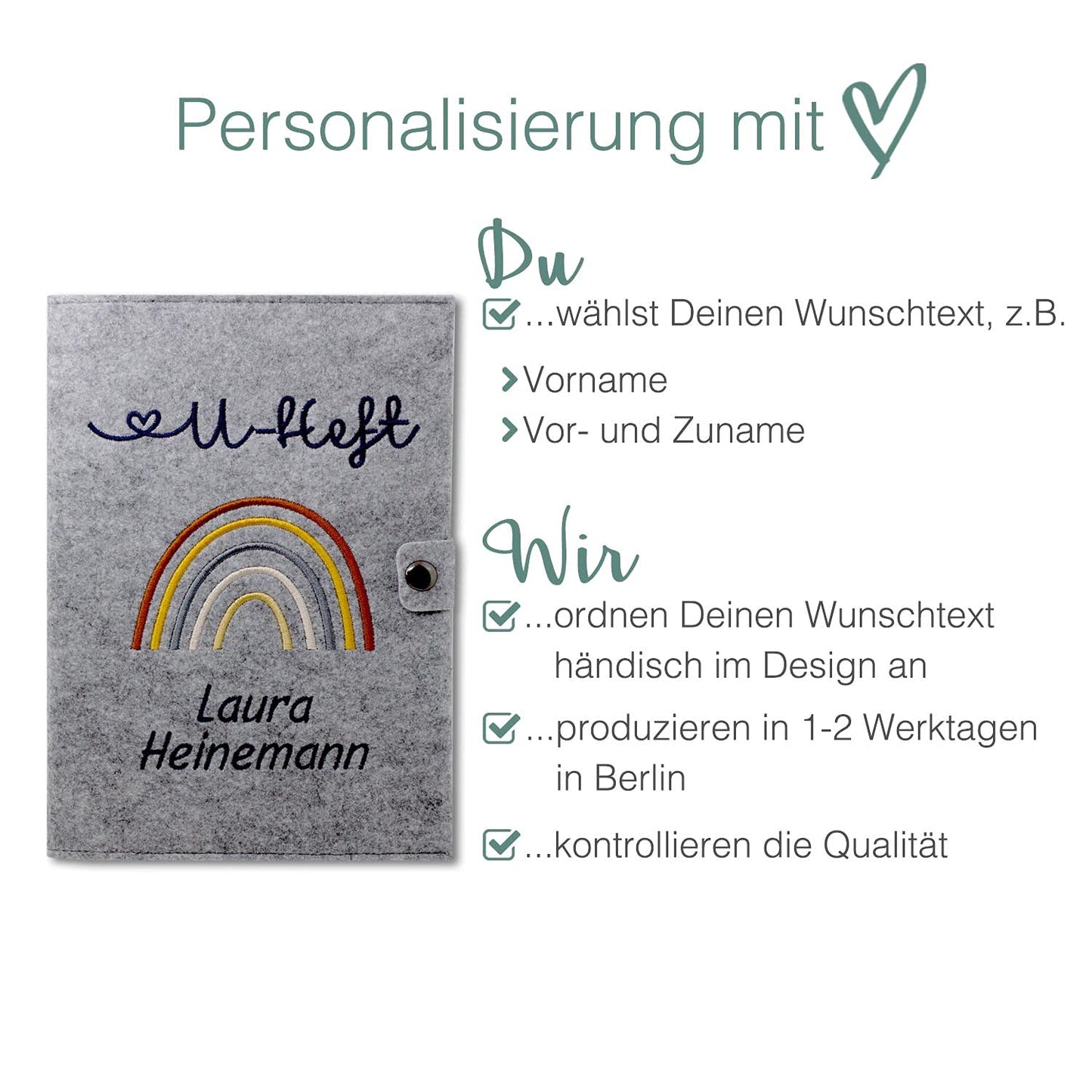 Regenbogen Natural U-Heft und Impfpasshülle aus Filz Mit Personalisierung