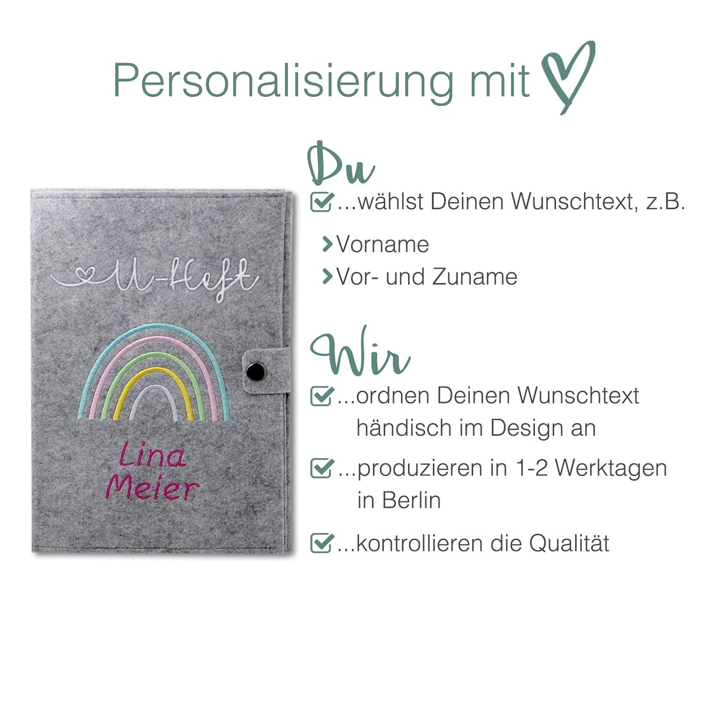 Regenbogen Pastell U-Heft und Impfpasshülle aus Filz Mit Personalisierung