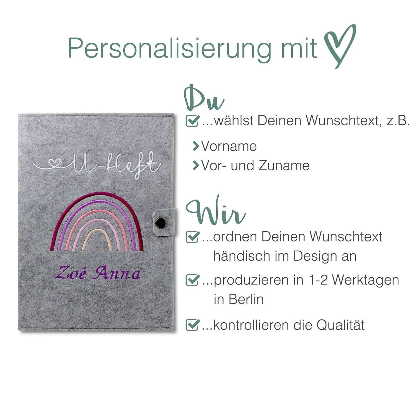 Regenbogen Rosa U-Heft und Impfpasshülle aus Filz Mit Personalisierung