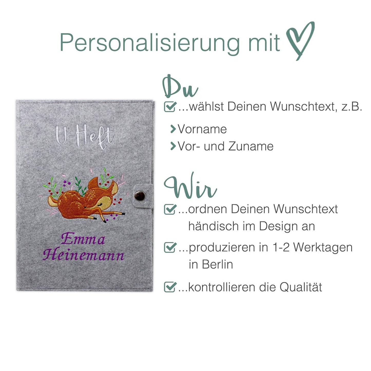 Rehkitz U-Heft und Impfpasshülle aus Filz Mit Personalisierung