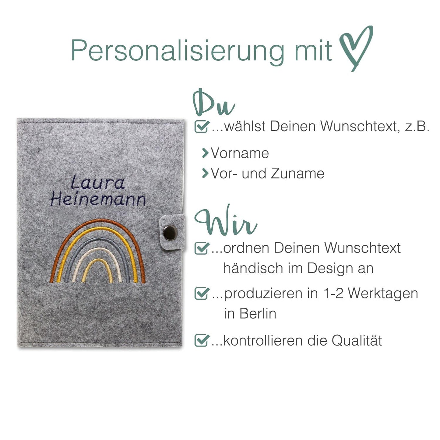 Regenbogen Natural Mutterpasshülle aus Filz Mit Personalisierung