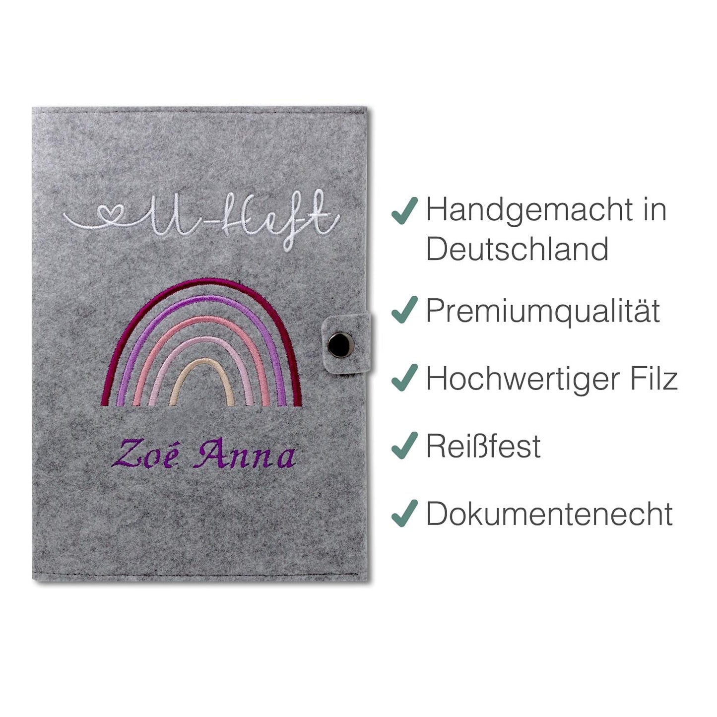 Regenbogen Rosa U-Heft und Impfpasshülle aus Filz Mit Personalisierung
