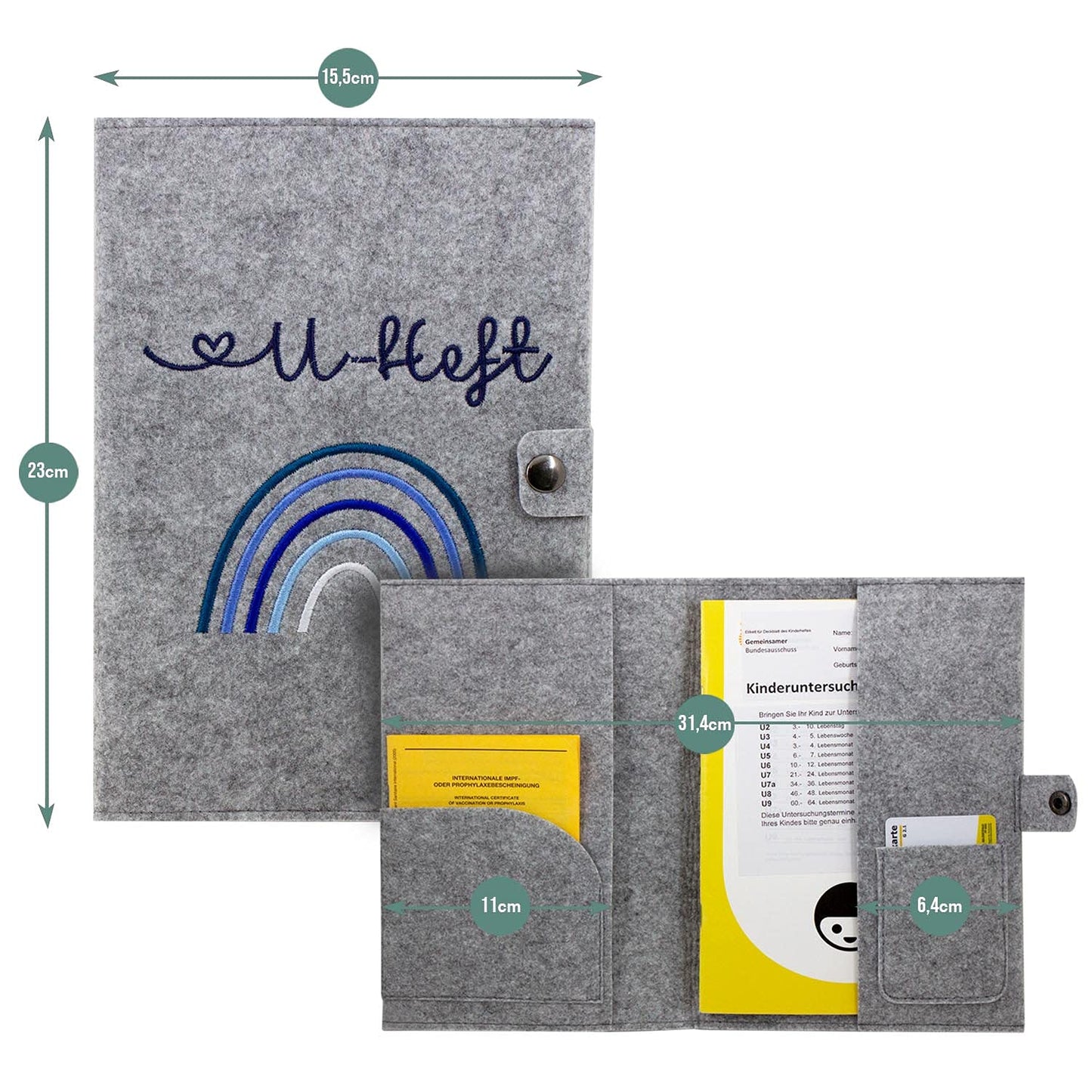 Regenbogen Blau U-Heft und Impfpasshülle aus Filz Ohne Personalisierung