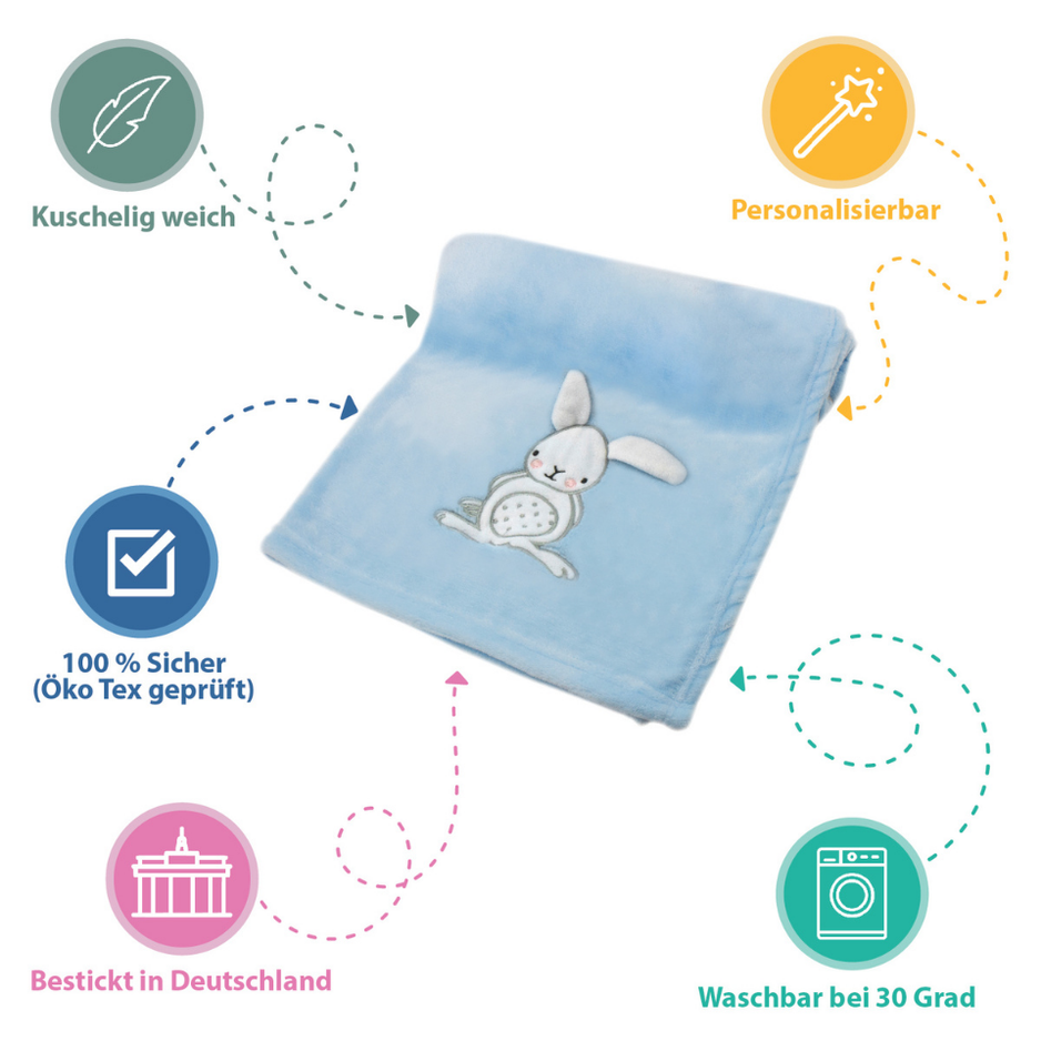 Decke Blau Mit Hase | Babydecke Bestickt