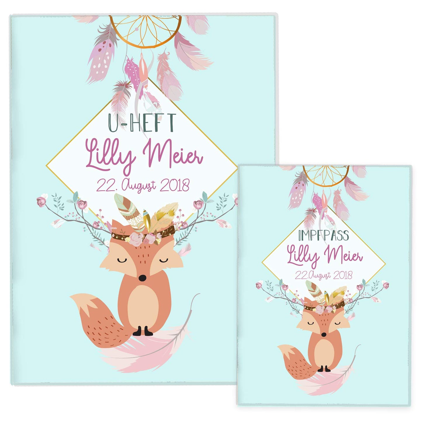 Boho Fuchs Blau U-Heft und Impfpasshülle Mit Personalisierung