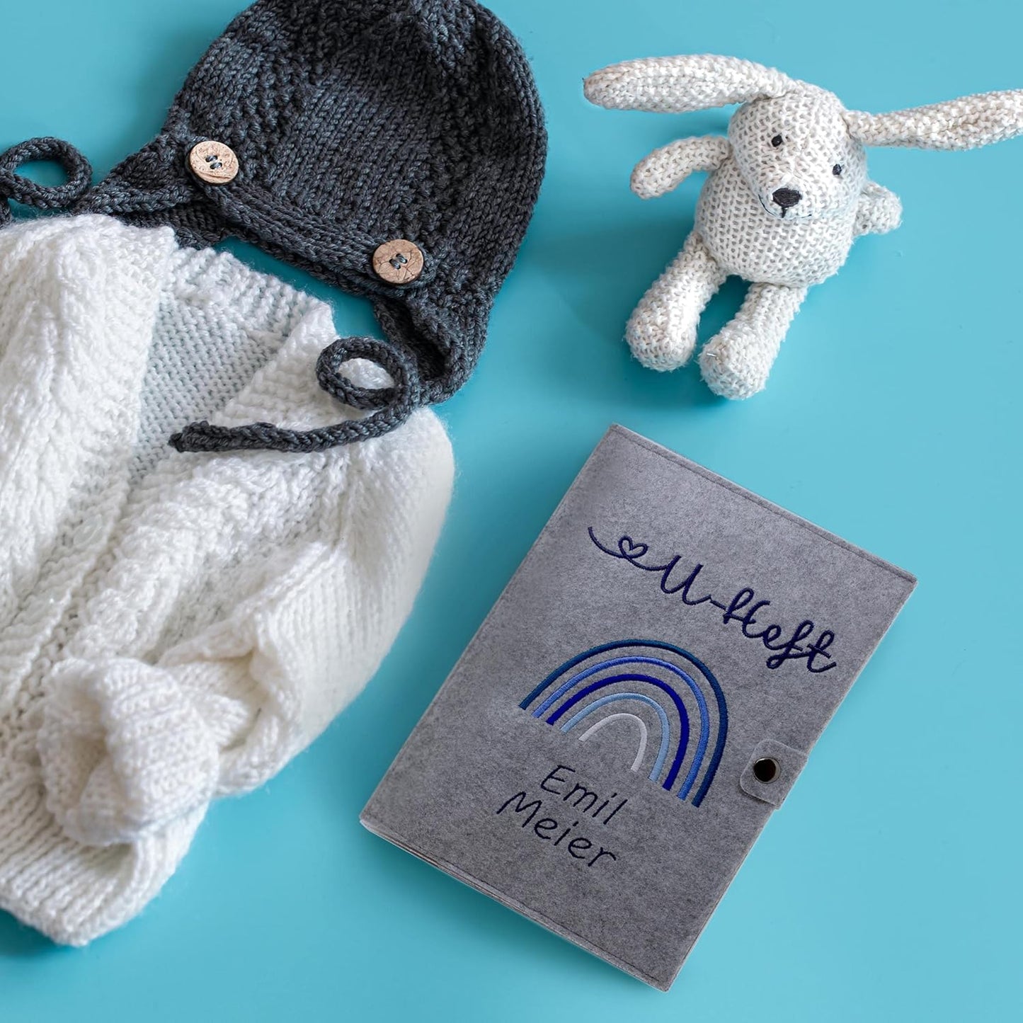 Regenbogen Blau U-Heft und Impfpasshülle aus Filz Mit Personalisierung