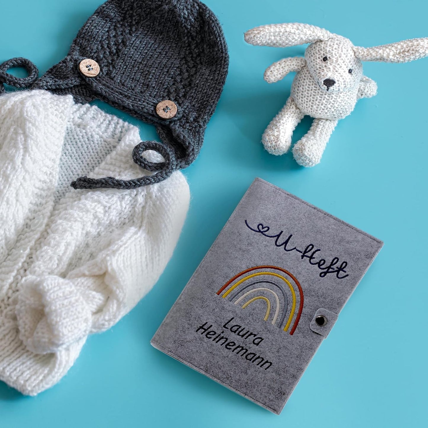 Regenbogen Natural U-Heft und Impfpasshülle aus Filz Mit Personalisierung