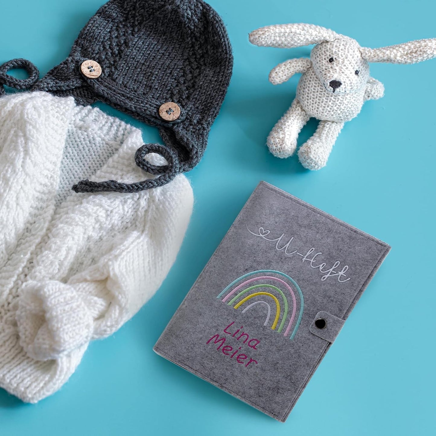 Regenbogen Pastell U-Heft und Impfpasshülle aus Filz Mit Personalisierung