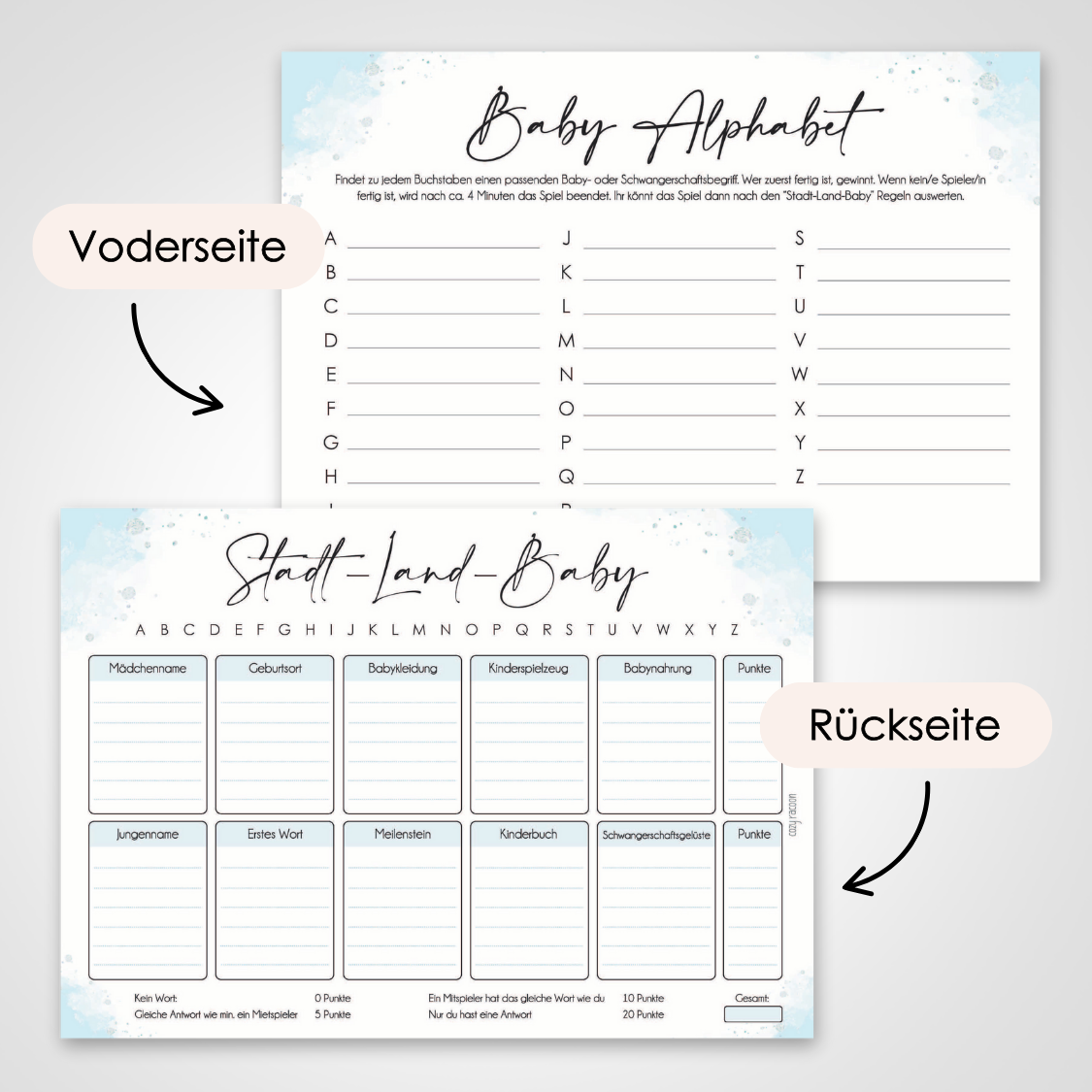 Blau | 5 Babyparty Spiele für 12 Spieler - Babyparty Geschenk, Karten zum Ausfüllen Partyspiele Babyshower